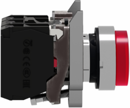 Illuminated push button, Harmony XB4, red flush, universal LED, 22mm, spring return, plain lens, screw clamp terminals, 1NO + 1NC, 24V AC DC
