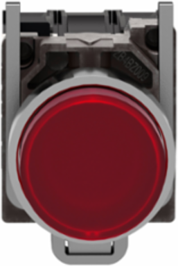 Illuminated push button, Harmony XB4, red flush, universal LED, 22mm, spring return, plain lens, screw clamp terminals, 1NO + 1NC, 24V AC DC