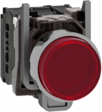 Illuminated push button, Harmony XB4, red flush, universal LED, 22mm, spring return, plain lens, screw clamp terminals, 1NO + 1NC, 24V AC DC