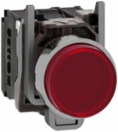 Illuminated push button, Harmony XB4, red flush, universal LED, 22mm, spring return, plain lens, screw clamp terminals, 1NO + 1NC, 24V AC DC