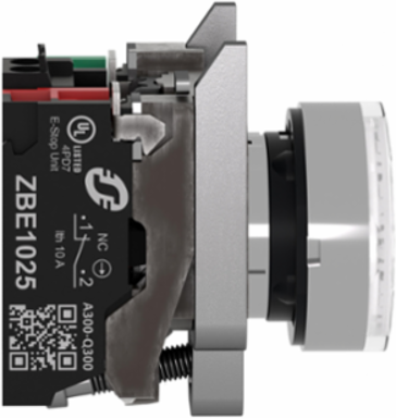 Illuminated push button, Harmony XB4, metal, white flush, 22mm, universal LED, plain lens, 1NO + 1NC, 24V AC DC, push in