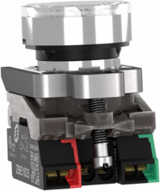 Illuminated push button, Harmony XB4, metal, white flush, 22mm, universal LED, plain lens, 1NO + 1NC, 24V AC DC, push in
