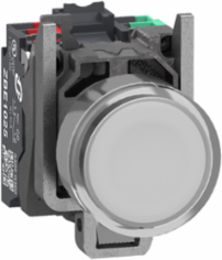 Illuminated push button, Harmony XB4, metal, white flush, 22mm, universal LED, plain lens, 1NO + 1NC, 24V AC DC, push in