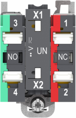 Illuminated push button, Harmony XB4, metal, green flush, 22mm, universal LED, plain lens, 1NO + 1NC, 24V AC DC, push in