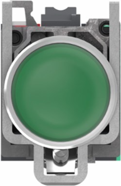 Illuminated push button, Harmony XB4, metal, green flush, 22mm, universal LED, plain lens, 1NO + 1NC, 24V AC DC, push in