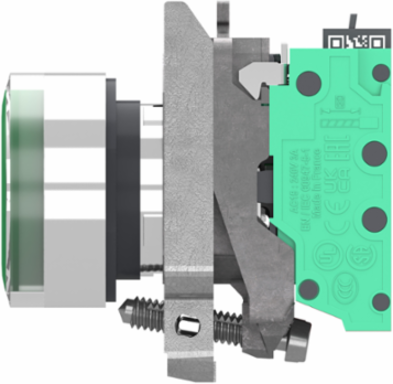 Illuminated push button, Harmony XB4, metal, green flush, 22mm, universal LED, plain lens, 1NO + 1NC, 24V AC DC, push in