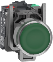 Illuminated push button, Harmony XB4, metal, green flush, 22mm, universal LED, plain lens, 1NO + 1NC, 24V AC DC, push in