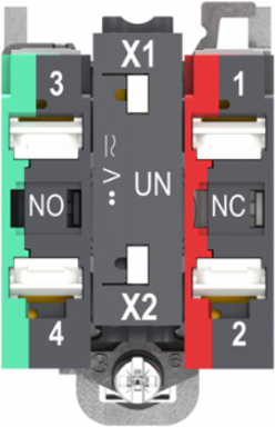 Illuminated push button, Harmony XB4, metal, red flush, 22mm, universal LED, plain lens, 1 NO + 1 NC, 24V AC DC, push in