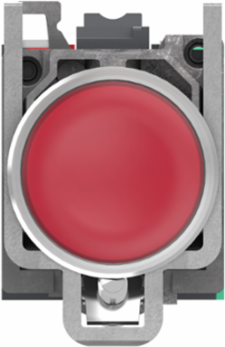Illuminated push button, Harmony XB4, metal, red flush, 22mm, universal LED, plain lens, 1 NO + 1 NC, 24V AC DC, push in