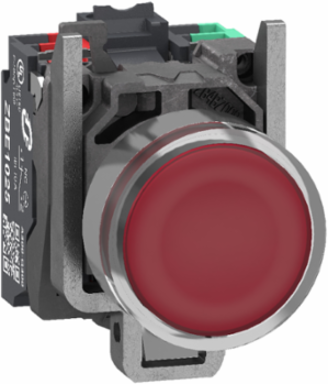 Illuminated push button, Harmony XB4, metal, red flush, 22mm, universal LED, plain lens, 1 NO + 1 NC, 24V AC DC, push in