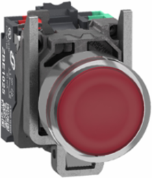 Illuminated push button, Harmony XB4, metal, red flush, 22mm, universal LED, plain lens, 1 NO + 1 NC, 24V AC DC, push in