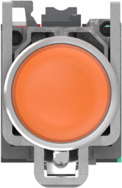 Illuminated push button, Harmony XB4, metal, orange flush, 22mm, universal LED, plain lens, 1NO+1NC, 24V AC DC, push in