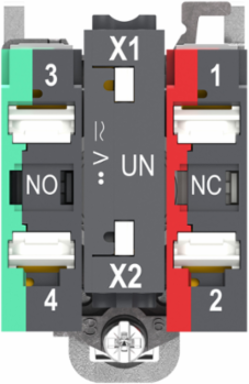 Illuminated push button, Harmony XB4, metal, orange flush, 22mm, universal LED, plain lens, 1NO+1NC, 24V AC DC, push in