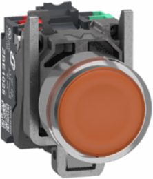 Illuminated push button, Harmony XB4, metal, orange flush, 22mm, universal LED, plain lens, 1NO+1NC, 24V AC DC, push in