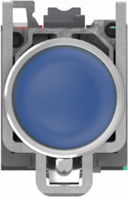 Illuminated push button, Harmony XB4, metal, blue flush, 22mm, universal LED, plain lens, 1NO + 1NC, 24V AC DC, push in