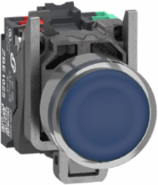 Illuminated push button, Harmony XB4, metal, blue flush, 22mm, universal LED, plain lens, 1NO + 1NC, 24V AC DC, push in