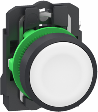 Push button, Harmony XB5, grey plastic, flush, white, 22mm, spring return, unmarked, 1 NO, compact push in terminals