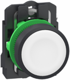 Push button, Harmony XB5, grey plastic, flush, white, 22mm, spring return, unmarked, 1 NO, compact push in terminals