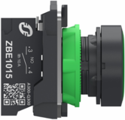 Push button, Harmony XB5, grey plastic, flush, green, 22mm, spring return, unmarked, 1 NO, compact push in terminals