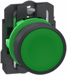 Push button, Harmony XB5, grey plastic, flush, green, 22mm, spring return, unmarked, 1 NO, compact push in terminals