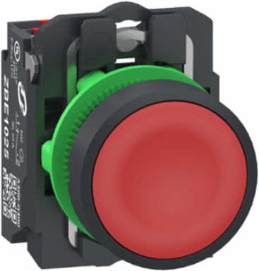 Push button, Harmony XB5, grey plastic, flush, red, 22mm, spring return, unmarked, 1 NC, compact push in terminals