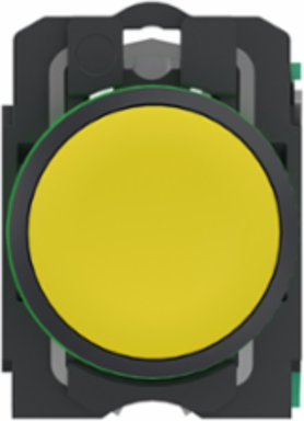 Push button, Harmony XB5, grey plastic, flush, yellow, 22mm, spring return, unmarked, 1 NO, compact push in terminals