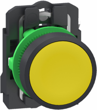 Push button, Harmony XB5, grey plastic, flush, yellow, 22mm, spring return, unmarked, 1 NO, compact push in terminals