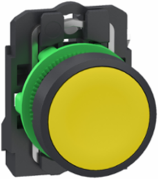 Push button, Harmony XB5, grey plastic, flush, yellow, 22mm, spring return, unmarked, 1 NO, compact push in terminals
