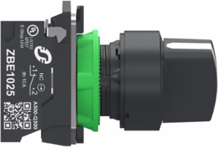 Selector switch, Harmony XB5, grey plastic, black, 22mm, 2 positions, stay put, 1 NO + 1 NC, compact push in terminals
