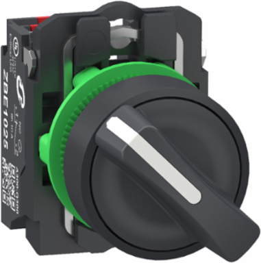 Selector switch, Harmony XB5, grey plastic, black, 22mm, 2 positions, stay put, 1 NO + 1 NC, compact push in terminals