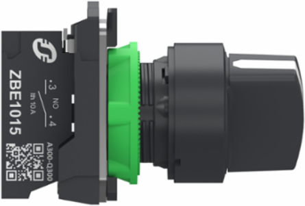 Selector switch, Harmony XB5, plastic, black, 22mm, 2 positions, spring return from right to left, 1 NO, compact push in