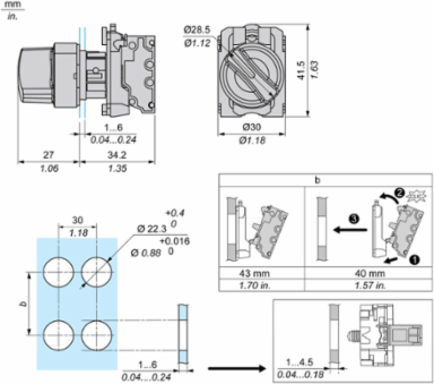Selector switch, Harmony XB5, plastic, black, 22mm, 3 positions, spring return to center, 2NO, compact push in terminals