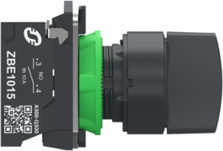 Selector switch, Harmony XB5, plastic, black, 22mm, 3 positions, spring return to center, 2NO, compact push in terminals