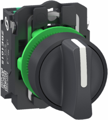 Selector switch, Harmony XB5, plastic, black, 22mm, 3 positions, spring return to center, 2NO, compact push in terminals