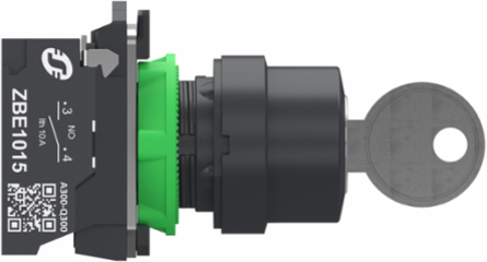 Key switch selector, Harmony XB5, plastic, black, 22mm, key 455, 3 positions, stay put, key release center, 2 NO, push in
