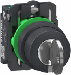 Key switch selector, Harmony XB5, plastic, black, 22mm, key 455, 3 positions, stay put, key release center, 2 NO, push in