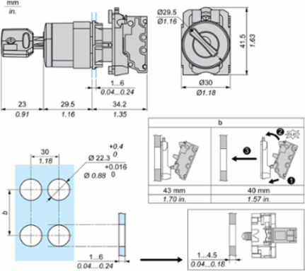 Key switch selector, Harmony XB5, plastic, black, 22mm, key 455, 2 pos, stay put, key release left right, 1 NO, push in