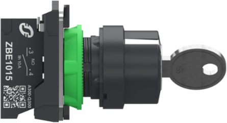 Key switch selector, Harmony XB5, plastic, black, 22mm, key 455, 2 pos, spring return from right to left, 1 NO, push in