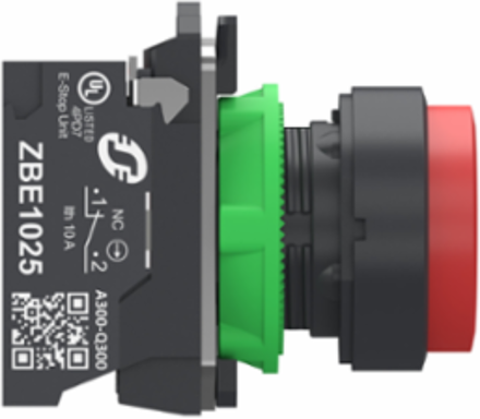 Push button, Harmony XB5, grey plastic, projecting, red, 22mm, spring return, unmarked, 1 NC, compact push in terminals