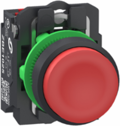 Push button, Harmony XB5, grey plastic, projecting, red, 22mm, spring return, unmarked, 1 NC, compact push in terminals