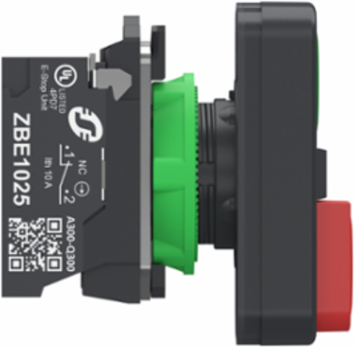 Double headed push button, Harmony XB5, plastic, 22mm, 1 green marked I + 1 red projecting marked O, 1NO+1NC, push in