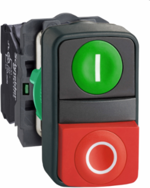 Double headed push button, Harmony XB5, plastic, 22mm, 1 green marked I + 1 red projecting marked O, 1NO+1NC, push in