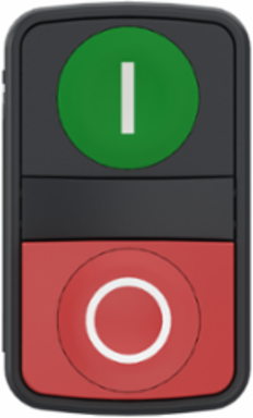 Double headed push button, Harmony XB5, plastic, 22mm, 1 green marked I + 1 red projecting marked O, 1NO+1NC, push in