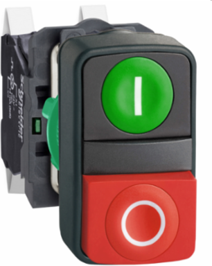 Double headed push button, Harmony XB5, plastic, 22mm, 1 green marked I + 1 red projecting marked O, 1NO+1NC, push in