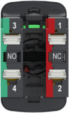 Double headed push button, Harmony XB5, plastic, 22mm, 1 green marked I + 1 red projecting marked O, 1NO+1NC, push in