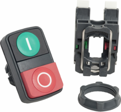 Double headed push button, Harmony XB5, plastic, 22mm, 1 green marked I + 1 red projecting marked O, 1NO+1NC, push in