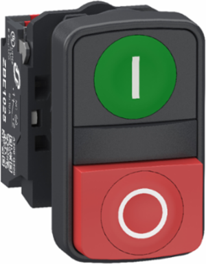 Double headed push button, Harmony XB5, plastic, 22mm, 1 green marked I + 1 red projecting marked O, 1NO+1NC, push in