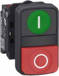 Double headed push button, Harmony XB5, plastic, 22mm, 1 green marked I + 1 red projecting marked O, 1NO+1NC, push in