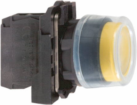 Push button, Harmony XB5, plastic, projecting, yellow, 22mm, spring return, booted, unmarked, 1NO