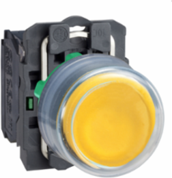 Push button, Harmony XB5, plastic, projecting, yellow, 22mm, spring return, booted, unmarked, 1NO